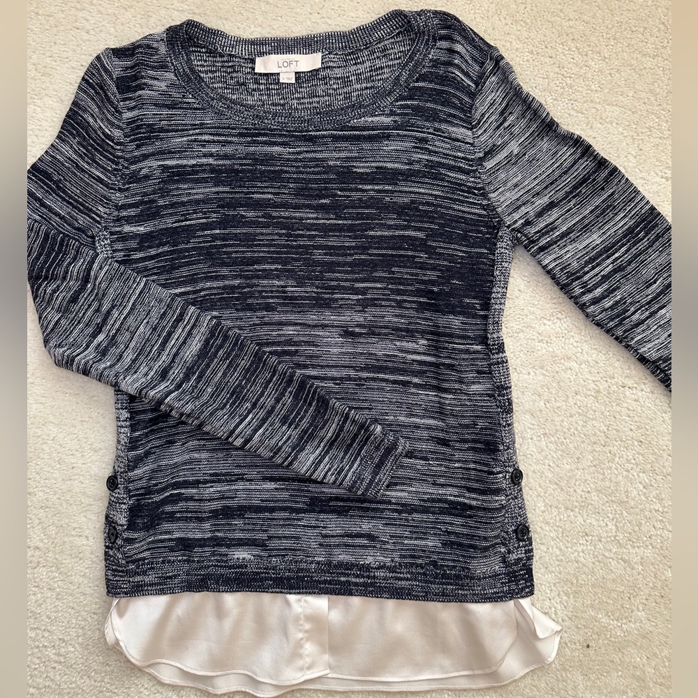 Loft Heather Blue White Knit White Hem Long Sleeve Size Small